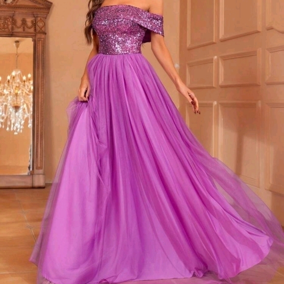 Purple,  Off Shoulder,  Sleeveless,  A Line, Sequined Gown - Picture 2 of 9